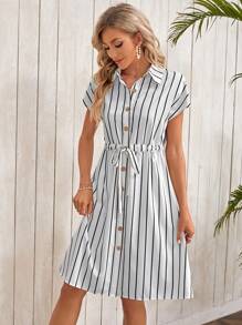 SHEIN LUNE 條紋印花腰部抽繩襯衫洋裝 - 白色 - 查看 3