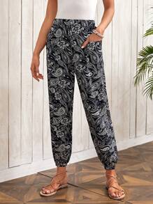 EMERY ROSE Quần nữ Dây kéo Túi Paisley Boho - Đen và trắng - Xem 5