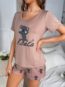 Cartoon & Letter Graphic PJ Set - Dusty Pink - View 5