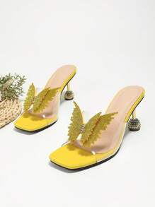 Sandali con tacco alto e punta quadrata, sandali neri con punta aperta, sandali con cinturini a blocchi di colore e fiocco, outfit primaverili ed estivi - Giallo - Visualizzare 3