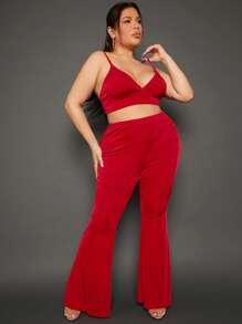 SHEIN SXY 大碼素色吊帶上衣和喇叭褲 - 紅色 - 查看 2