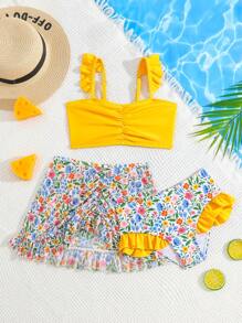 Young Girl Floral Print Ruffle Trim Bikini Set With Beach Skirt Summer Beach - Multicolor - View 1