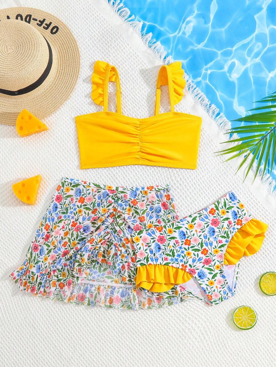Young Girl Floral Print Ruffle Trim Bikini Set With Beach Skirt Summer Beach - Multicolor - View 1
