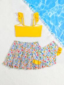 Young Girl Floral Print Ruffle Trim Bikini Set With Beach Skirt Summer Beach - Multicolor - View 2
