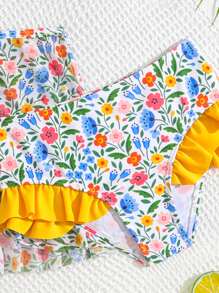 Young Girl Floral Print Ruffle Trim Bikini Set With Beach Skirt Summer Beach - Multicolor - View 3