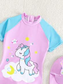 Young Girl Unicorn Print Zipper Back One Piece Swimsuit With Swim Cap - Purple - View 3