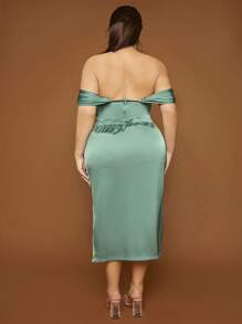 SHEIN SXY Plus Off Shoulder Ruched Hanky Hem Crop Top - Green - View 2