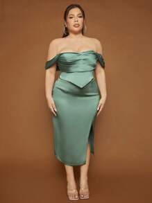 SHEIN SXY Plus Off Shoulder Ruched Hanky Hem Crop Top - Green - View 5