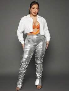 SHEIN SXY Plus Solid Drop Shoulder Crop Shirt - White - View 6