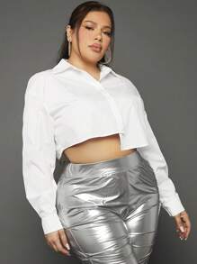 SHEIN SXY Plus Solid Drop Shoulder Crop Shirt - White - View 3