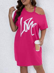 SHEIN LUNE Đầm Plus Size Bất đối xứng Cắt ra Lá thư Giải trí - Màu Hồng Tươi - Xem 3