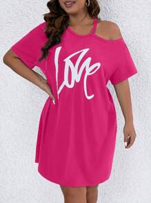 SHEIN LUNE Đầm Plus Size Bất đối xứng Cắt ra Lá thư Giải trí - Màu Hồng Tươi - Xem 5
