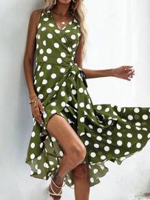 Chiquease Đầm Thắt nút Viên lá sen Trọn gói Chấm bi Giải trí - xanh quân đội - Xem 4