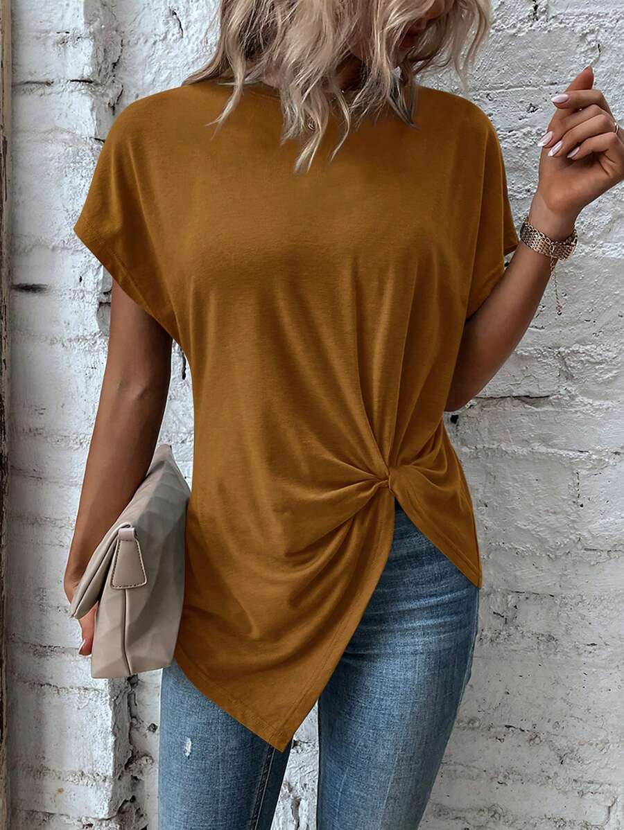 SHEIN LUNE Twist Asymmetrical Hem Dolman Sleeve Tee - Brown - View 1