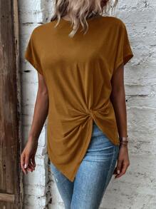 SHEIN LUNE Twist Asymmetrical Hem Dolman Sleeve Tee - Brown - View 3
