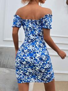 Breezaya Vestido ajustado con estampado floral de hombros descubiertos ribete fruncido con cordón delantero - Azul y blanco - Ver 2