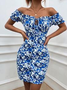Breezaya Vestido ajustado con estampado floral de hombros descubiertos ribete fruncido con cordón delantero - Azul y blanco - Ver 3