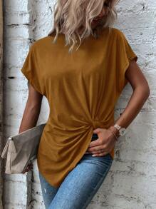 SHEIN LUNE Twist Asymmetrical Hem Dolman Sleeve Tee - Brown - View 6