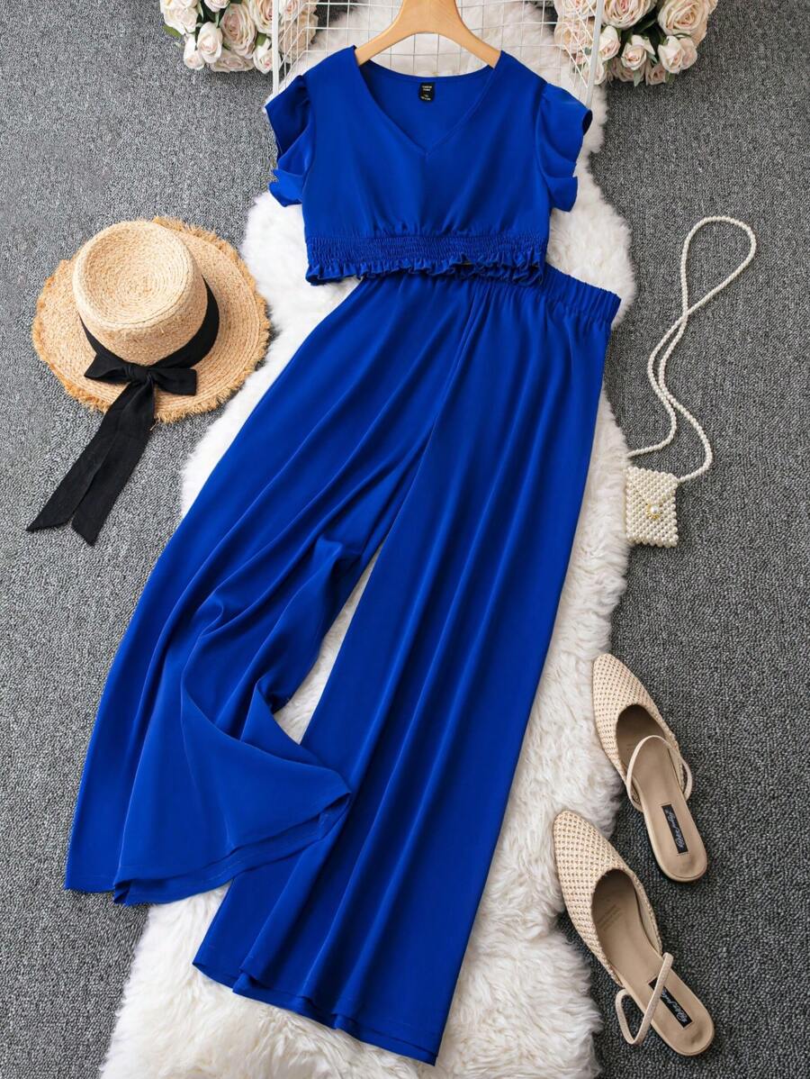 SHEIN LUNE Blusa ribete con fruncido & Pantalones de pierna ancha