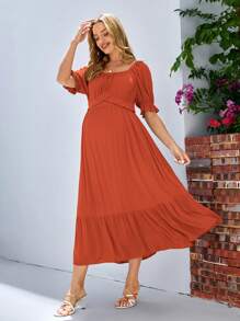 SHEIN Maternidad Vestido de manga farol bajo con fruncido - Naranja Quemada - Ver 3