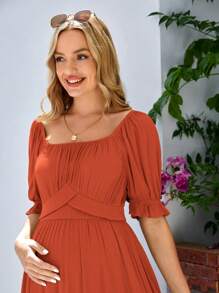 SHEIN Maternidad Vestido de manga farol bajo con fruncido - Naranja Quemada - Ver 6