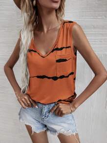 SHEIN LUNE Tie Dye Pocket Patched V-neck Tank Top - Orange - View 1