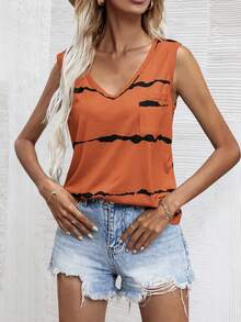 SHEIN LUNE Tie Dye Pocket Patched V-neck Tank Top - Orange - View 6