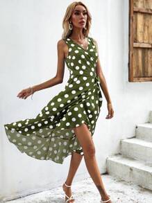 Chiquease Đầm Thắt nút Viên lá sen Trọn gói Chấm bi Giải trí - xanh quân đội - Xem 6