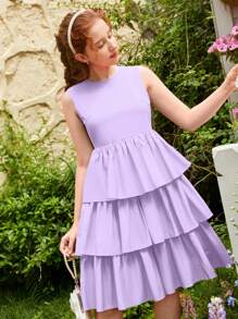 SHEIN 青少年女孩荷葉邊素色洋裝 - 紫丁香色 - 查看 5