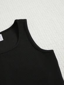 SHEIN Tween Girl Solid Tank Top & Drawstring Waist Shorts Summer Outfits - Black - View 3