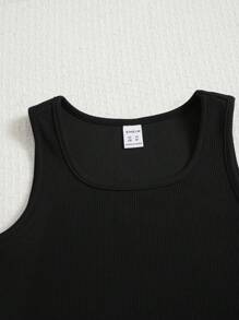 SHEIN Tween Girl Solid Tank Top & Drawstring Waist Shorts Summer Outfits - Black - View 4