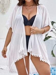 SHEIN Swim Curve Plus Pompom Trim Knot Side Wrap Chiffon Kimono - White - View 3