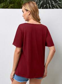 SHEIN Maternity Solid Frill Trim Tee - Burgundy - View 2