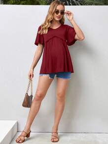 SHEIN Maternity Solid Frill Trim Tee - Burgundy - View 4