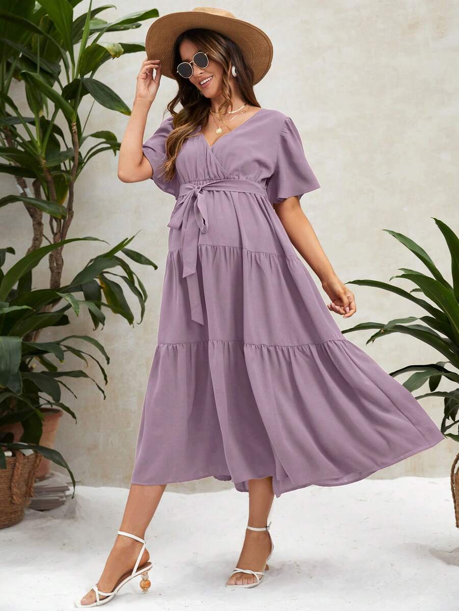 SHEIN 孕婦蝴蝶袖荷葉邊繫腰帶洋裝