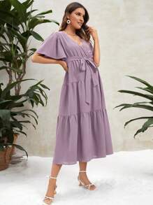 SHEIN 孕婦蝴蝶袖荷葉邊繫腰帶洋裝