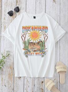 SHEIN LUNE Áo phông Quá khổ Xương rồng & Đồ họa Chữ cái - trắng - Xem 1