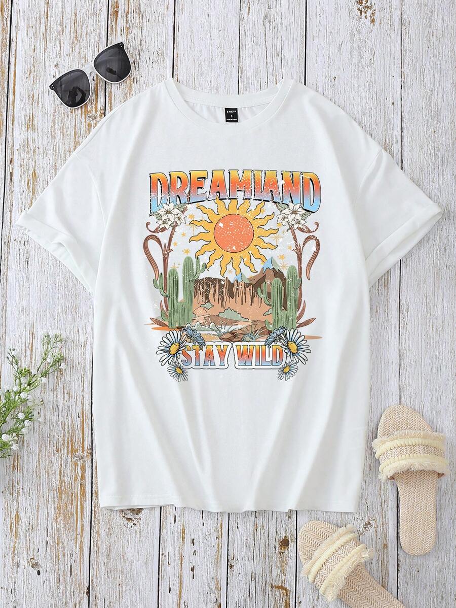 SHEIN LUNE Áo phông Quá khổ Xương rồng & Đồ họa Chữ cái - trắng - Xem 1