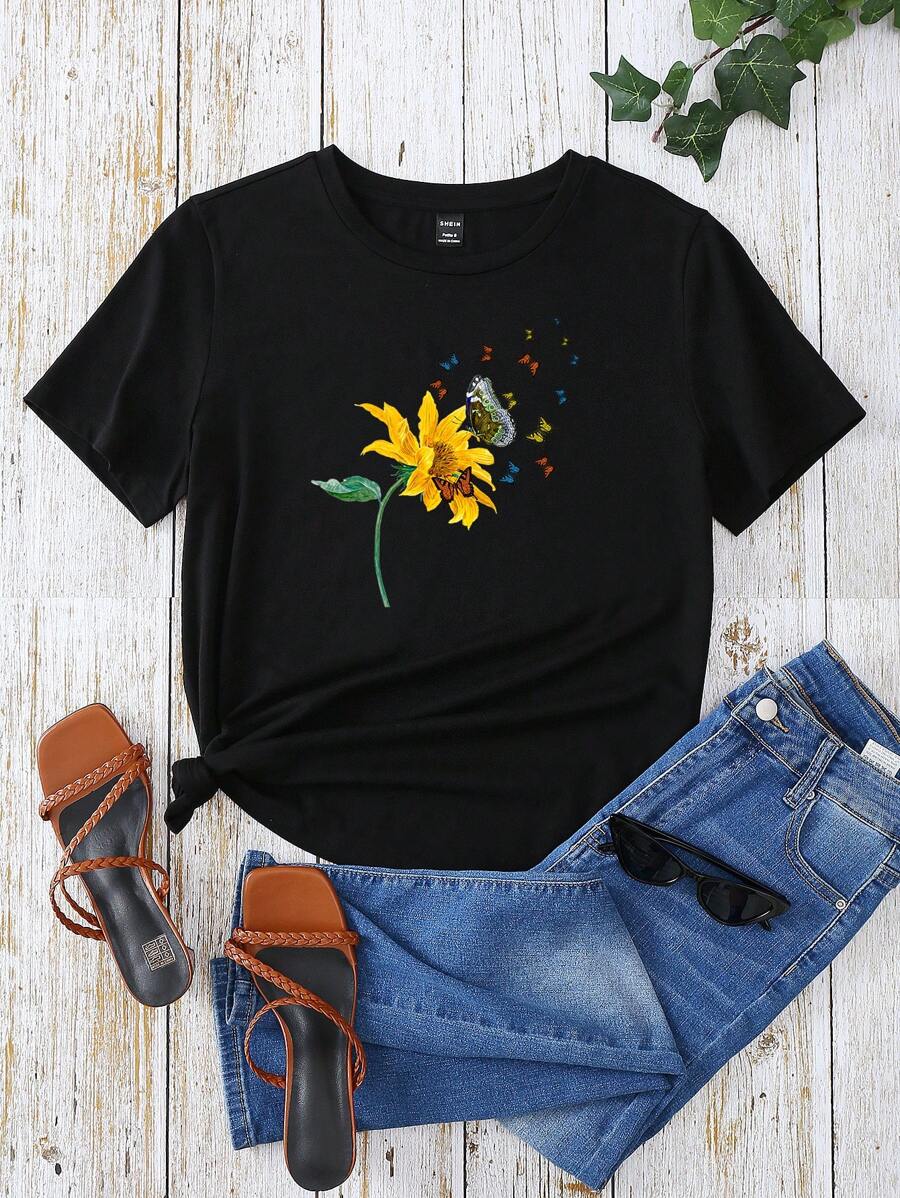 SHEIN LUNE 蝴蝶和雛菊圖案T恤 - 黑色 - 查看 1
