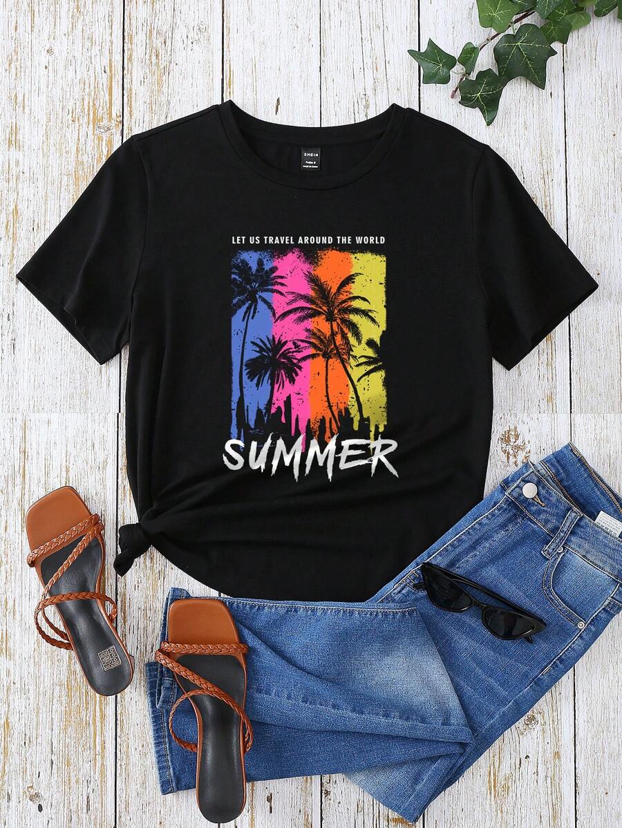 SHEIN LUNE Coconut Tree & Letter Graphic Tee - Black - View 1