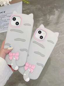 有趣的矽膠卡通貓設計手機殼 - 淺灰色 - 查看 3