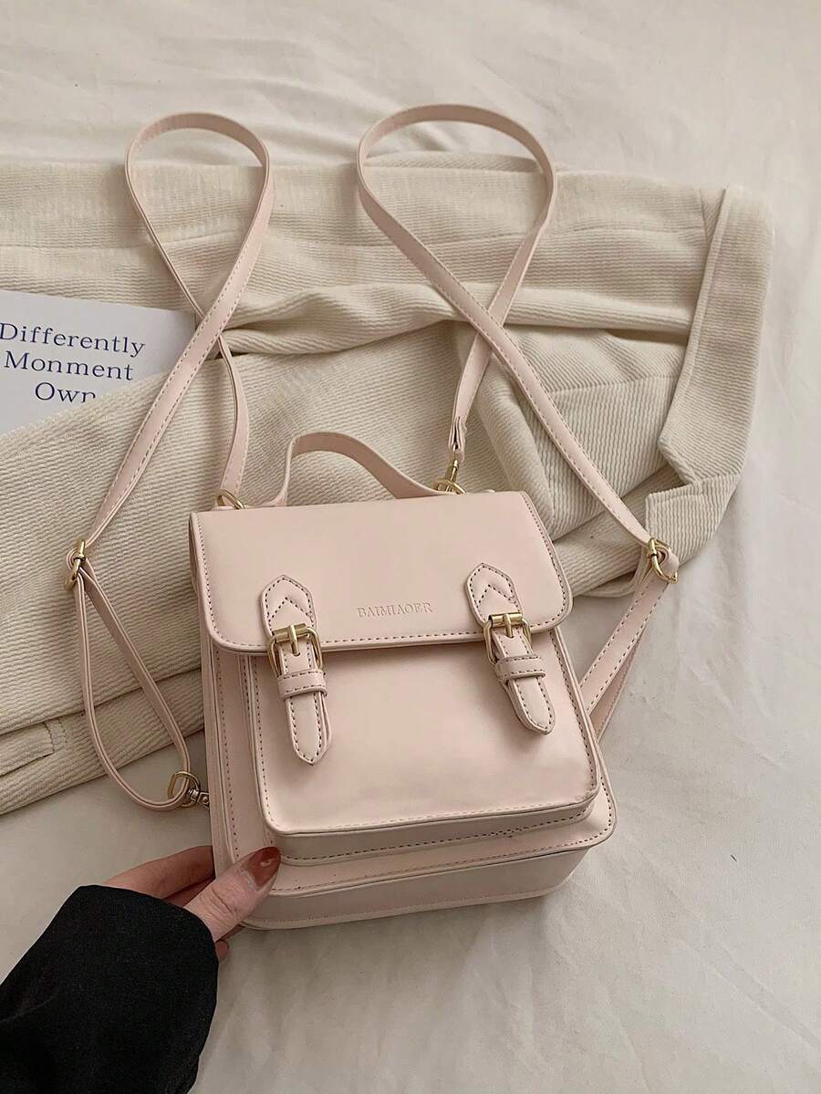 Letter Graphic Flap Backpack Buckle Decor Pu - Pink - View 1