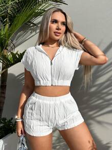 SHEIN SXY 拉鏈開襟短款連帽T恤和短褲 - 白色 - 查看 3