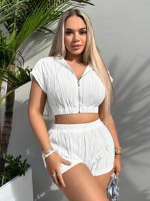 SHEIN SXY 拉鏈開襟短款連帽T恤和短褲 - 白色 - 查看 1