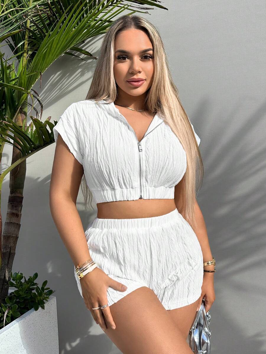 SHEIN SXY 拉鏈開襟短款連帽T恤和短褲 - 白色 - 查看 1