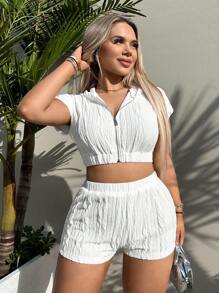 SHEIN SXY 拉鏈開襟短款連帽T恤和短褲 - 白色 - 查看 5