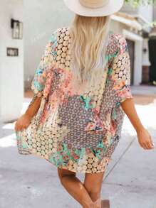 Acelitt Summer Women's Bohemian Style Polka Dot Printed Bat Sleeves, Loose Casual Kimono Cover, Travel Beach Vacation