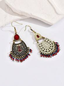 1pair Women's Vintage Gold-Tone Alloy Palace Pattern Hollow Out Inlaid Red Gemstone & Beaded Bohemian Elegant Pendant Earrings