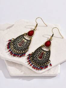 1pair Women's Vintage Gold-Tone Alloy Palace Pattern Hollow Out Inlaid Red Gemstone & Beaded Bohemian Elegant Pendant Earrings