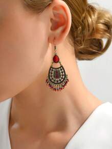 1pair Women's Vintage Gold-Tone Alloy Palace Pattern Hollow Out Inlaid Red Gemstone & Beaded Bohemian Elegant Pendant Earrings